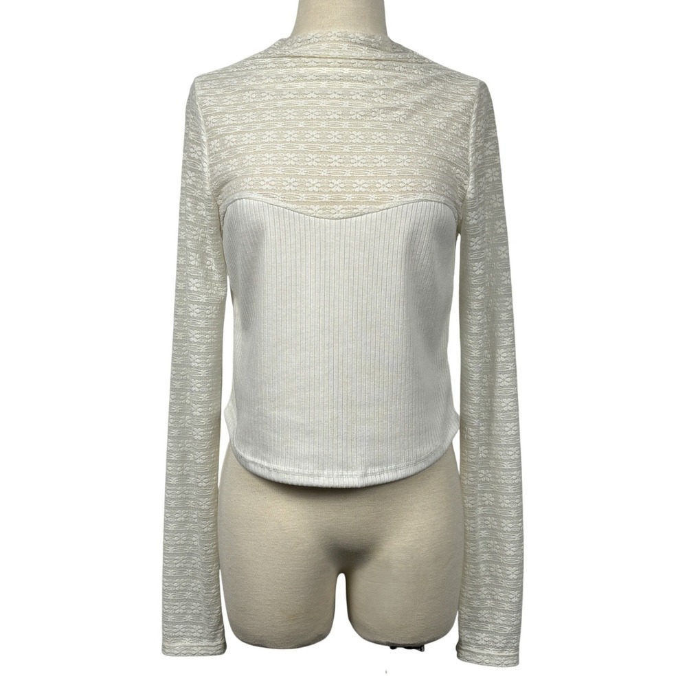 Altar'd State Lace Sheer Ribbed Top XL Ivory Long Sleeve Boho Cottagecore